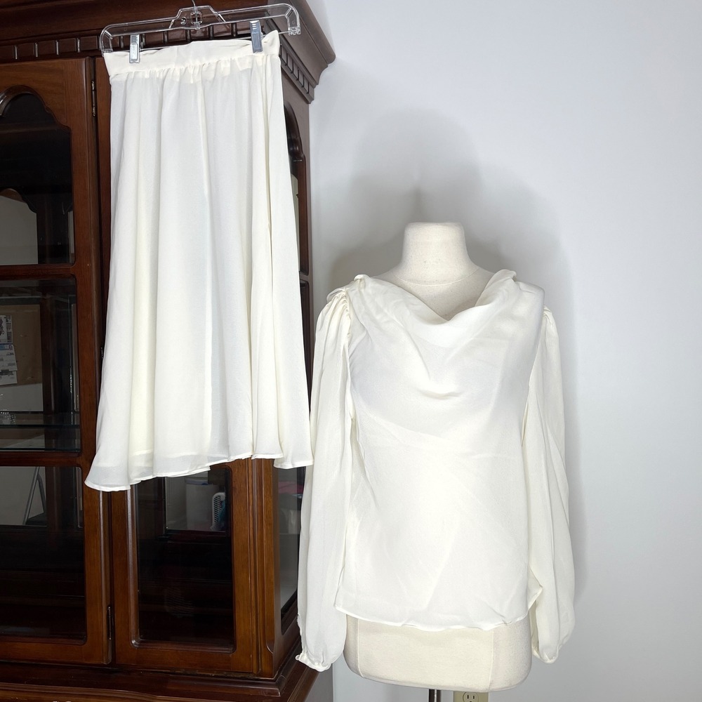 Vintage Cream Chiffon 2 Piece Set Cowl Neck Blouse & Midi Skirt Ivory White XS/S